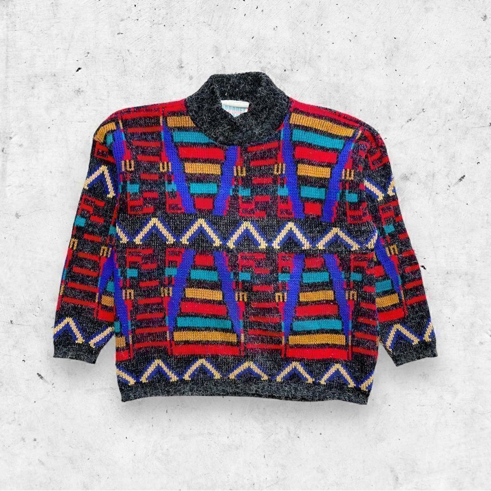 Vtg 80s Croquet Club Crazy Print Mohair Sweater, Geometric Colorful, Mock Neck